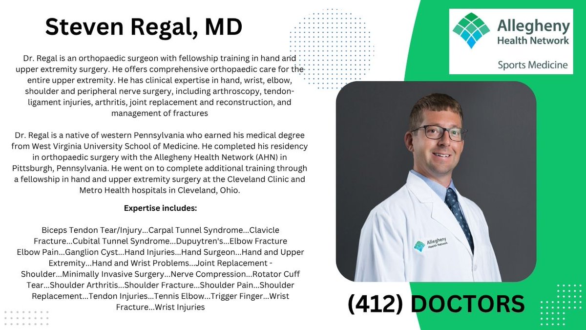 Need a hand specialist? Dr Regal specializes in hand, elbow and upper extremity. He has offices located in the South Hills. <a href="/AHNSportsMed/">AHN Sports Medicine & Performance</a> <a href="/chbucs1/">C-H Updates and Athletics</a>