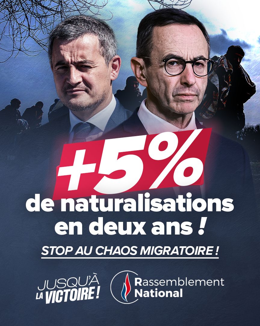 RNational_off's tweet photo. 🔴 Alors que l’assimilation n’est plus la norme dans de nombreux territoires, le duo Darmanin-Retailleau poursuit l’augmentation des naturalisations !

Contrôle des frontières, réduction des titres de séjour et des naturalisations, réforme de l’AME… Au pouvoir, nous agirons pour reprendre le contrôle de l’immigration en France !

▶️ Dites STOP : https://t.co/1frcZRI6l8

#BilanRetailleau