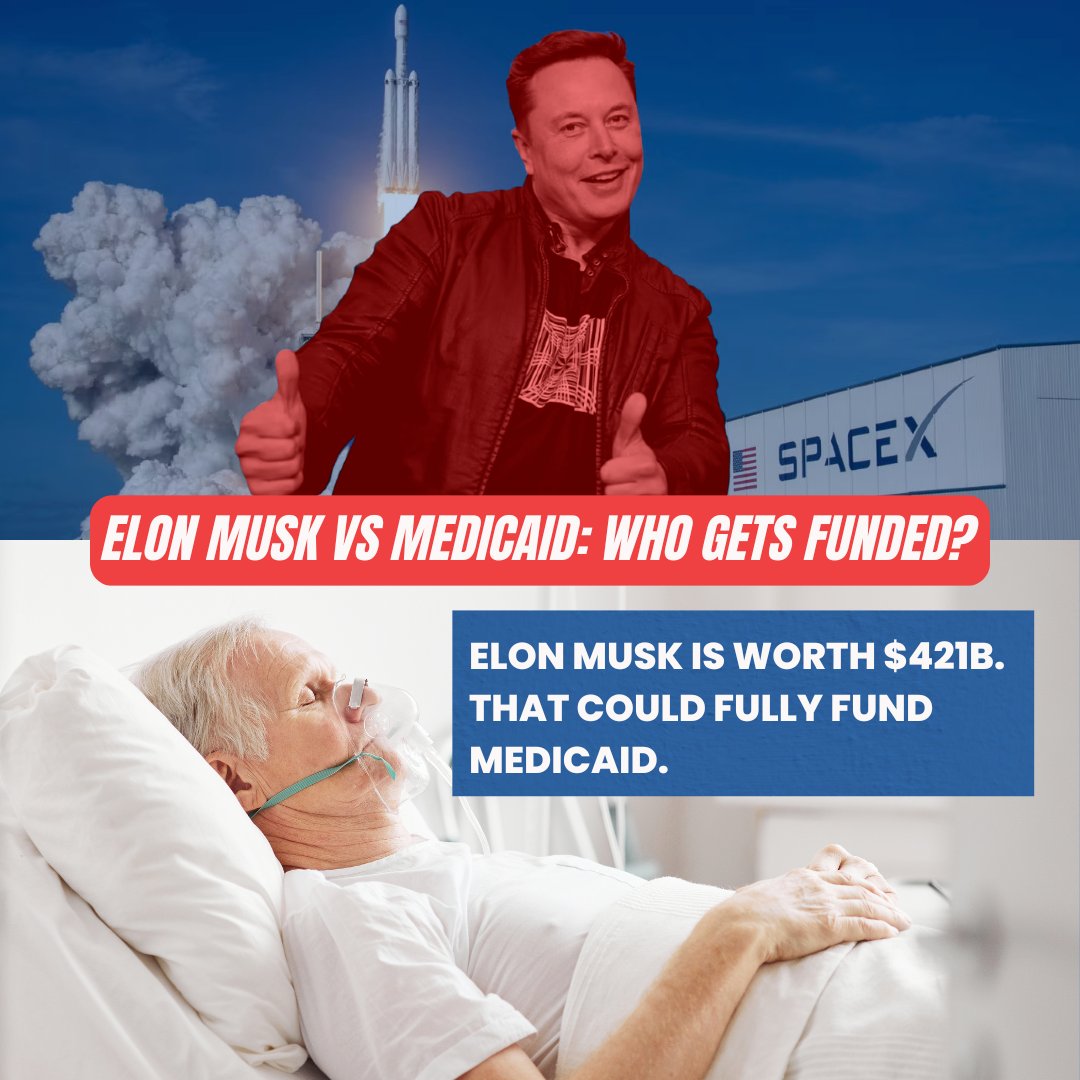 Elon Musk is worth $421 BILLION — enough to fully fund Medicaid.

Instead of taxing him, Republicans want to cut $770 BILLION from your healthcare.

You lose a doctor. Musk gets a yacht upgrade.

This isn’t economics. It’s theft.