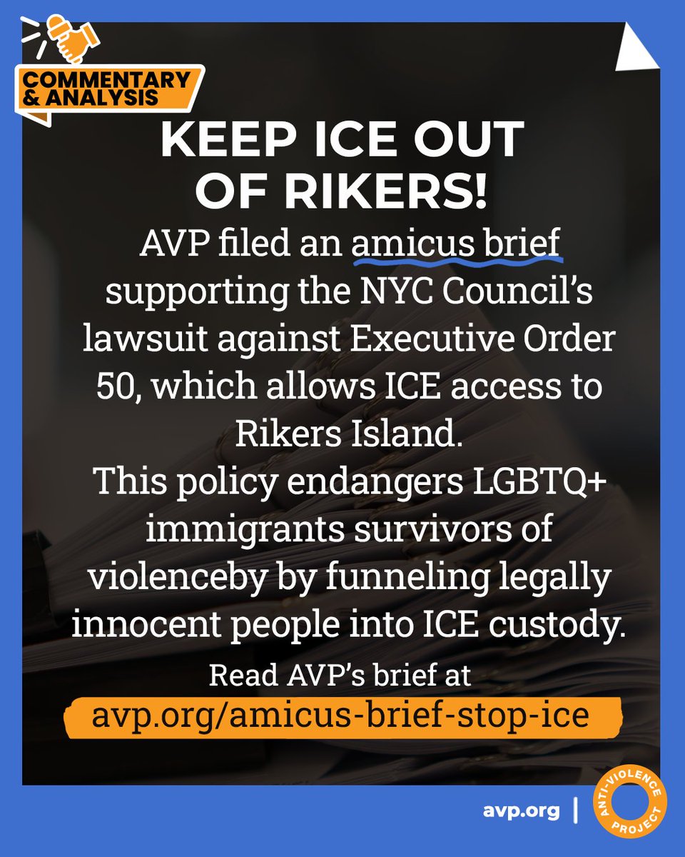 From LA to NYC, our communities deserve care—not ICE. 💥
AVP filed an amicus brief backing NYC’s lawsuit to stop EO 50, which gives ICE access to Rikers and endangers LGBTQ+ immigrants &amp; survivors.
💰$134M on crackdowns? Fund care instead.
📝 avp.org/amicus-brief-s… #AbolishICE