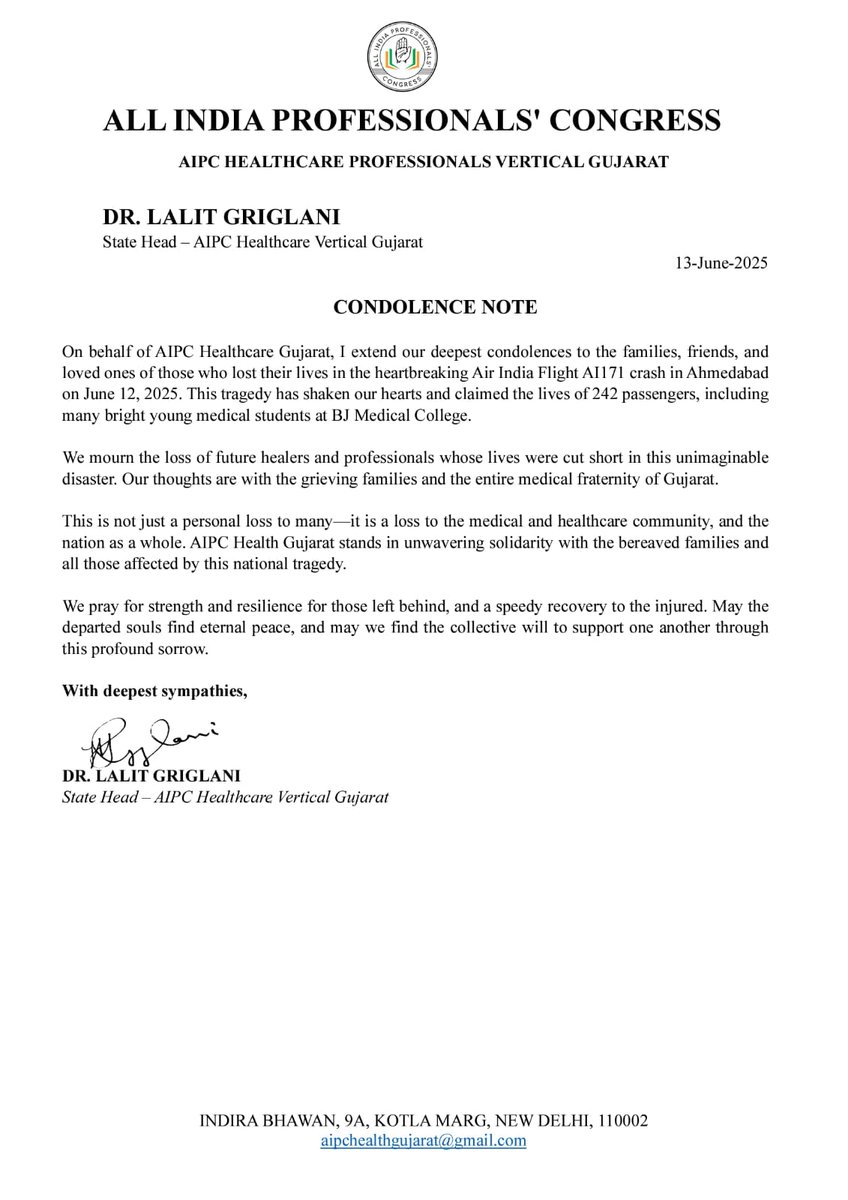 AIPC HEALTHCARE VERTICAL GUJARAT (@aipchealthguj) on Twitter photo 🕯️ CONDOLENCE NOTE
On behalf of AIPC Healthcare Gujarat, we mourn the tragic loss of 242 lives in the Air India Flight AI171 crash near Ahmedabad.
Our prayers are with the grieving families and medical community.
– Dr. Lalit Griglani (<a href="/loveFORgandhi/">Dr Griglani</a>)
#AIPC #AirIndia #Ahmedabad 🕯️ CONDOLENCE NOTE
On behalf of AIPC Healthcare Gujarat, we mourn the tragic loss of 242 lives in the Air India Flight AI171 crash near Ahmedabad.
Our prayers are with the grieving families and medical community.
– Dr. Lalit Griglani (<a href="/loveFORgandhi/">Dr Griglani</a>)
#AIPC #AirIndia #Ahmedabad