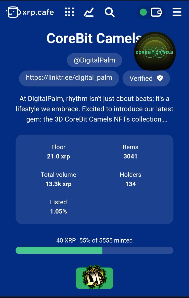 BluezKlue's tweet photo. 🚀#NFT Sustainability 🚀

Check out the stunning CoreBit Camels 3D collection by @DigitalPalm A gem in Web3. With 13.3k xrp total volume and 55% of 5555 minted, this is your chance to join the 134 holders of this epic lifestyle NFT drop! 🌴🐪 #NFTs #CoreBitCamels https://t.co/MVsjlm32IS