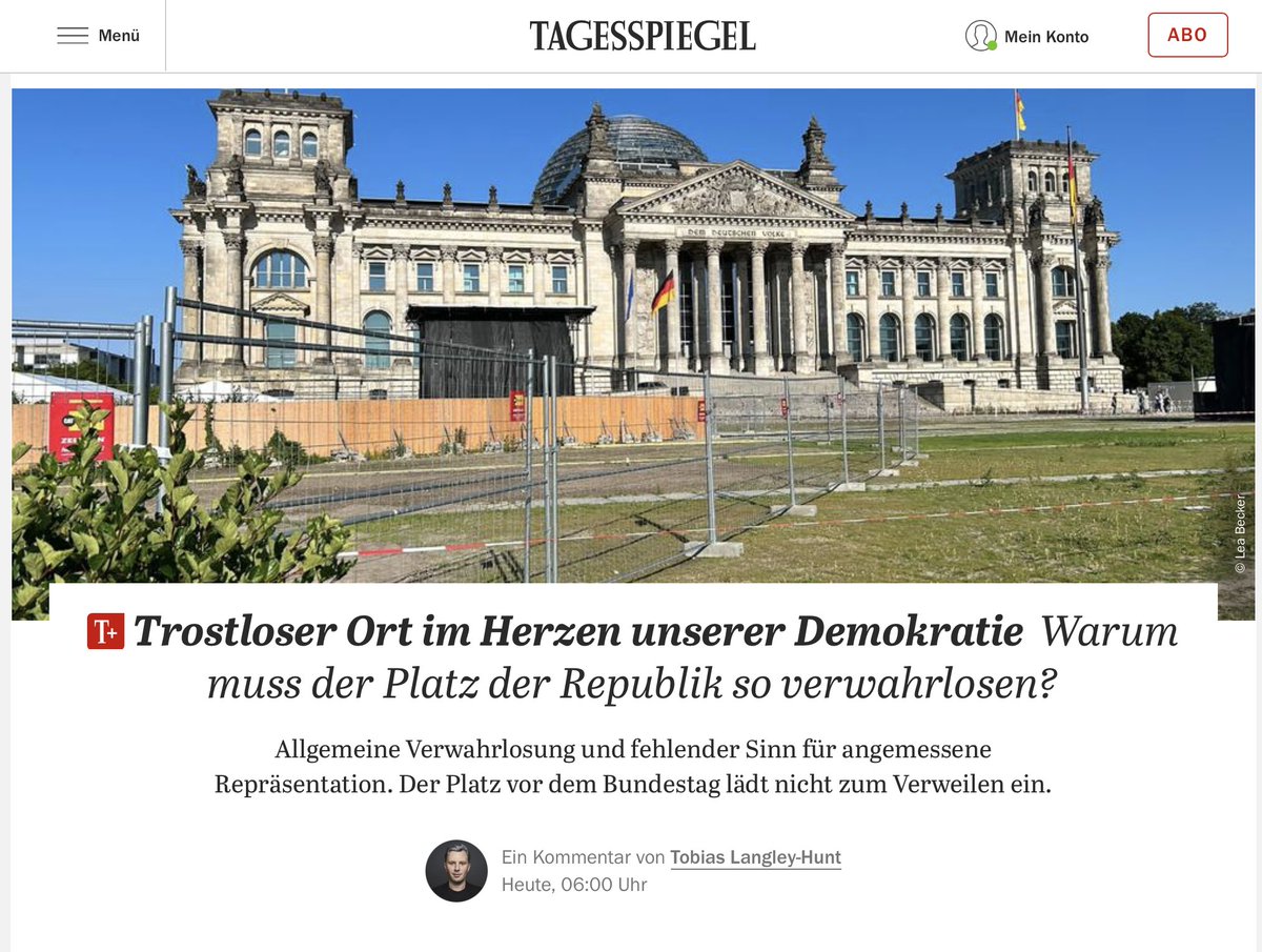 Einen Tag nach Veröffentlichung meines Textes über den verwilderten Zustand des Reichstags macht <a href="/tlangleyhunt/">Langley Hunt</a> vom Tagesspiegel die selben Beobachtungen.

Ich freue mich, dass ich inspirieren konnte! 🍀
