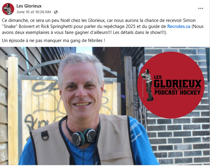 Happy to announce that myself and Simon "Snake" Boisvert will be guest of the Les Glorieux podcast of <a href="/gagnej_b/">JB Gagné</a> on Sunday Evening to talk about the draft.

Fier d'annoncer que moi et Simon "Snake" Boisvert seront l'invité de J.B Gagné au Balado Les Glorieux ce dimanche soir.