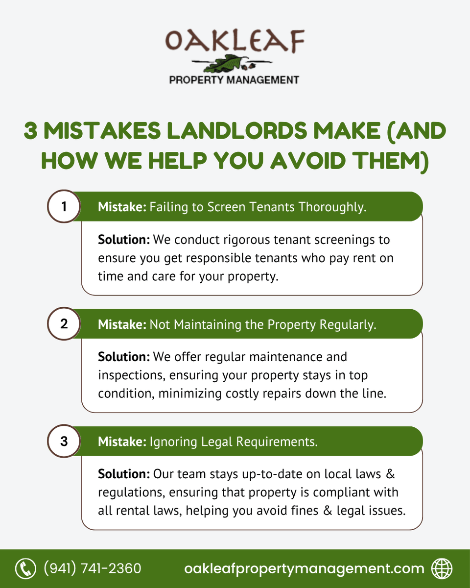 OakleafPM's tweet photo. 🏠 Being a landlord comes with its share of challenges, but avoiding common mistakes can save you time, money, &amp; stress.

📞 Call us today: (941) 741-2360
🌐 Visit: https://t.co/l7F4yHNnyK

#OakleafPropertyManagement #PalmettoRentals #ManateeProperties #PropertyManagementExperts https://t.co/0HzXgWuIHz