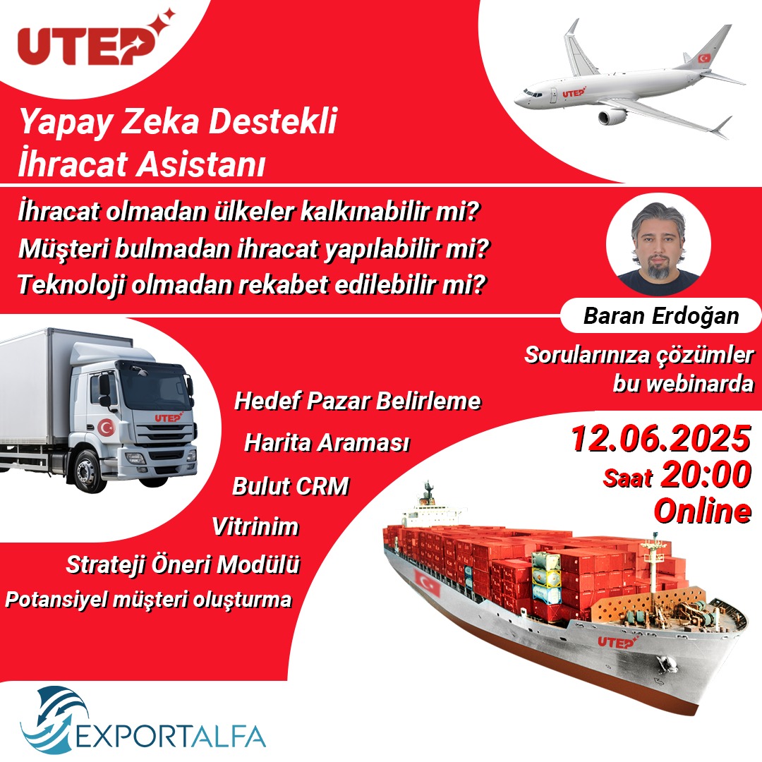 UTEP Ankara Şube olarak Yapay Zeka Destekli İhracat Asistanı Tanıtımı zomm üzerinden UTEP Ankara Şube Teknoloji ve Arge Komisyon üyemiz Baran ERDOĞAN başkanlığında 12.05.2025 tarihinde başarılı bir şekilde düzenlenmiştir..

#uluslararasıticarieşleştirmeplatformu #exportalfa