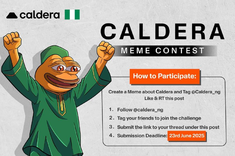 caldera_ng's tweet photo. We are thrilled to announce our Meme Contest! 

All Meme Lords this is your chance to share creative Meme about Caldera and stand a chance to win roles and XP on the Caldera discord.
The best 3 Memes will be selected by our team.  

How to Participate: https://t.co/t1B3fMcsNO