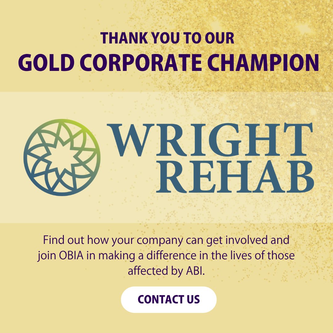 Thank you to our Gold Corporate Champion @WrightRehab for your generous support of individuals living with the effects of ABI. Visit them at: wrightrehab.ca

Find out how your organization can get involved➡️obia.ca/get-involved/c…

#corporatechampions #braininjury