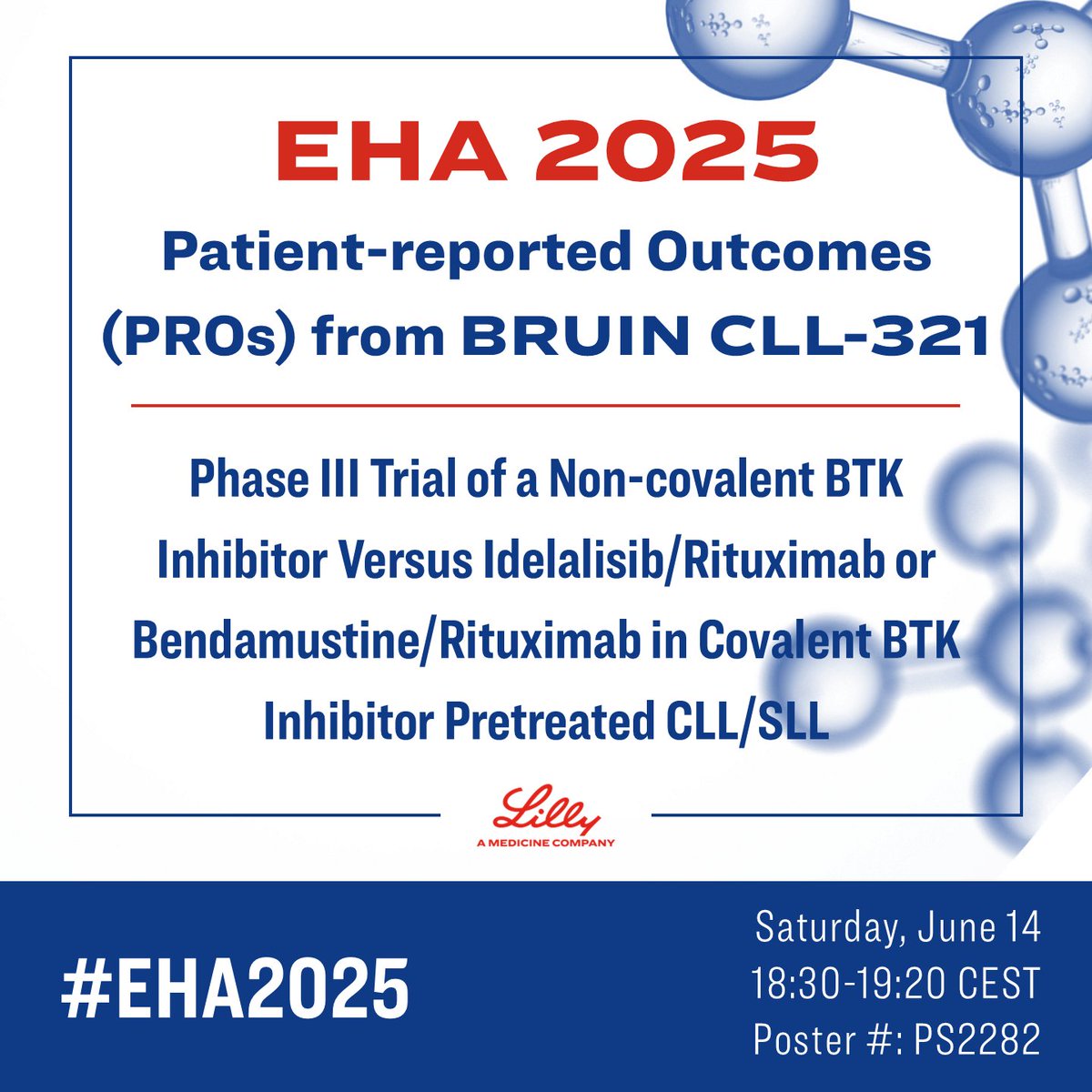 LillyOncMed's tweet image. #EHA2025 | Patient Reported Outcomes from BRUIN CLL-321:
A randomized phase 3 study of a non-covalent BTKi vs idelalisib/rituximab or bendamustine/rituximab in #CLL/SLL patients previously treated w/ a covalent BTKi.
Learn more here: e.lilly/3Ht38my
#LeuSM #LymSM