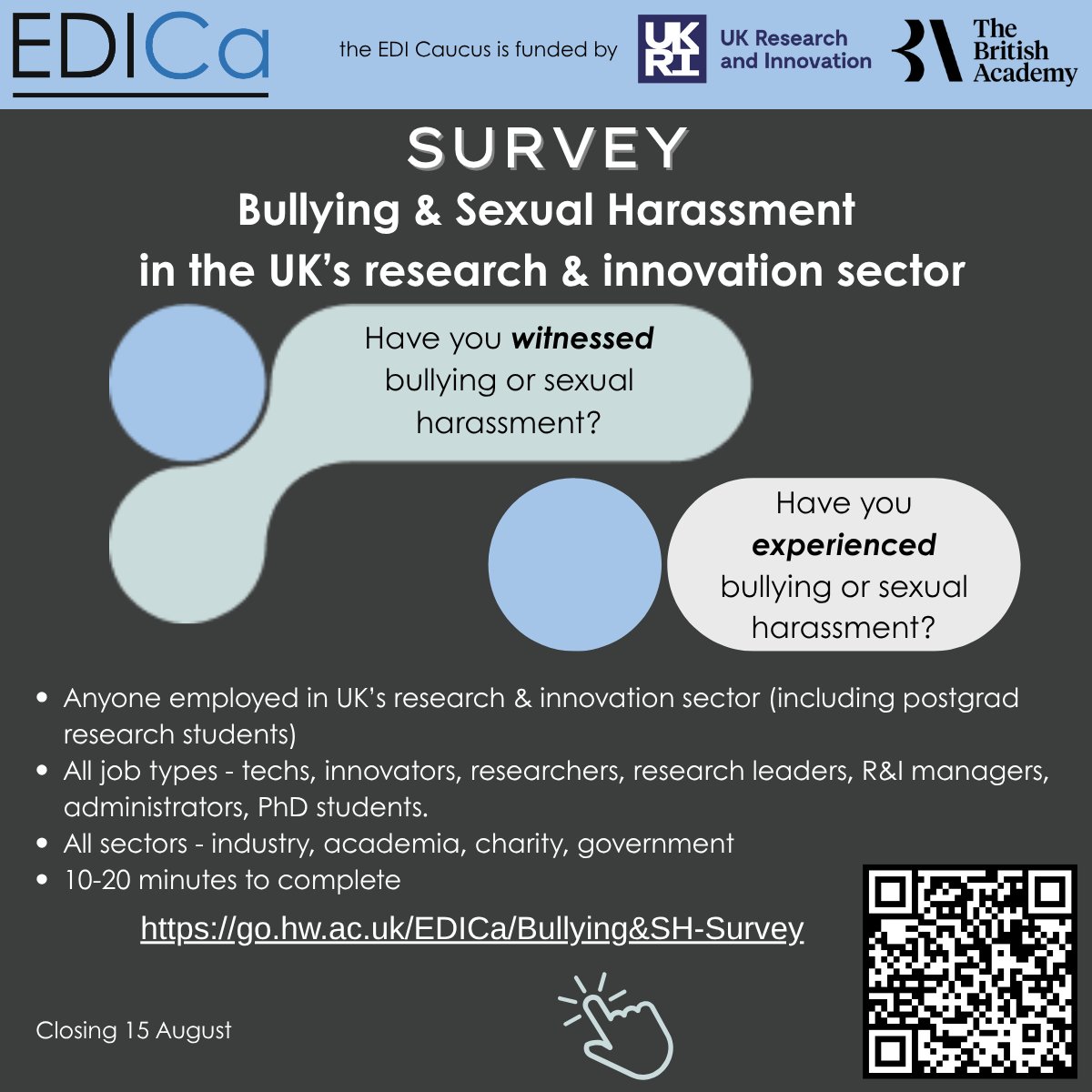 edi_caucus's tweet image. Have you witnessed or experienced bullying and/or sexual harassment? Do you work in the UK's research & innovation sector? Take a few minutes to share your experience in our survey. go.hw.ac.uk/EDICa/Bullying…