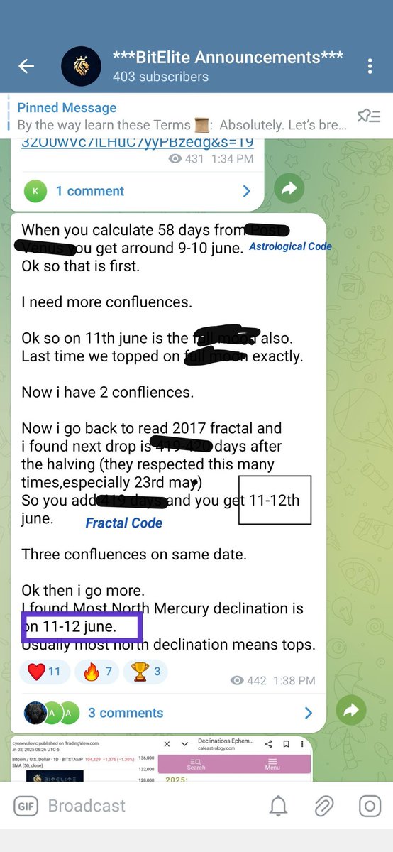 This is how we find these codes and share in Vip Group.🔑🔑🔑

This is how our members knew :
1) The cyclical codes that lead to 11th june
2) Astrological codes that repeated so many times

We find confluences for 7 different areas of knowledge and when we find all of them