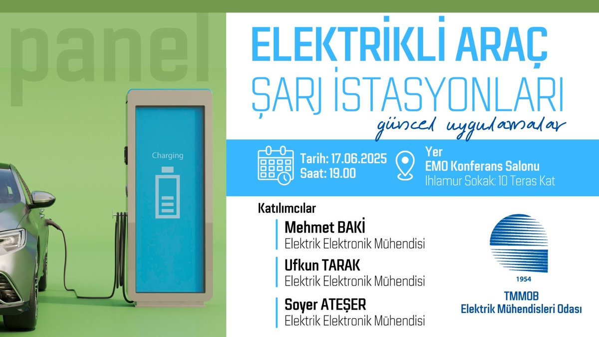 Elektrikli araç şarj istasyonlarını projelendirmede ve uygulamada karşılaşılan sorunların konuşulacağı #ElektrikliAraç #Şarjİstasyonları Güncel Uygulamalar başlıklı panel 17 Haziran 2025 Salı günü saat 19.00’da <a href="/emoorgtr/">Elektrik Mühendisleri Odası</a> Toplantı Salonu’nda düzenlenecektir.
Elektrik Elektronik