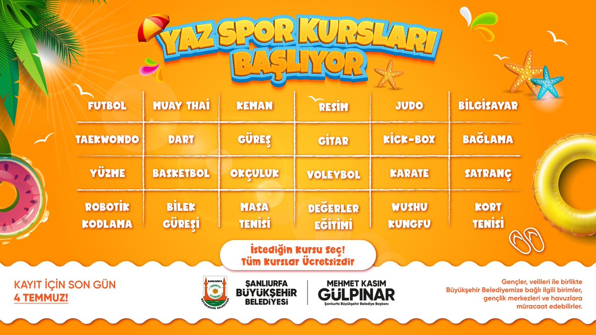 Yaz tatili geldi ve Büyükşehir Belediyemiz öğrenciler için harika bir fırsat sunuyor!

Gençlerimiz için 24 farklı branşta kurs ve sosyal etkinlikler düzenliyoruz. Siz de bu heyecan verici yaz programına katılmak istiyorsanız, hemen harekete geçin!

Kayıt Son Başvuru Tarihi; 4