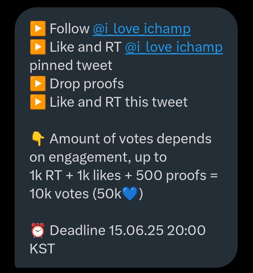 ᴍᴇʏɴ .☘︎ ݁˖❤️🔥 (@horanghaemeyn) on Twitter photo SINCE WE ARE NOMINATED AGAIN FOR SHOW CHAMPION, HELP ME FINISH THIS FAST! 🙏
NUMBER OF VOTES WILL DEPEND ON YOUR ENGAGEMENT‼️
Goal: Maximum of 50K 🩵 (10K Votes)
▶️ Follow <a href="/i_love_ichamp/">I love IdolChamp</a>
▶️ Like and RT <a href="/i_love_ichamp/">I love IdolChamp</a> pinned tweet
▶️ Drop proofs
▶️ Like and RT this tweet
👇 SINCE WE ARE NOMINATED AGAIN FOR SHOW CHAMPION, HELP ME FINISH THIS FAST! 🙏
NUMBER OF VOTES WILL DEPEND ON YOUR ENGAGEMENT‼️
Goal: Maximum of 50K 🩵 (10K Votes)
▶️ Follow <a href="/i_love_ichamp/">I love IdolChamp</a>
▶️ Like and RT <a href="/i_love_ichamp/">I love IdolChamp</a> pinned tweet
▶️ Drop proofs
▶️ Like and RT this tweet
👇