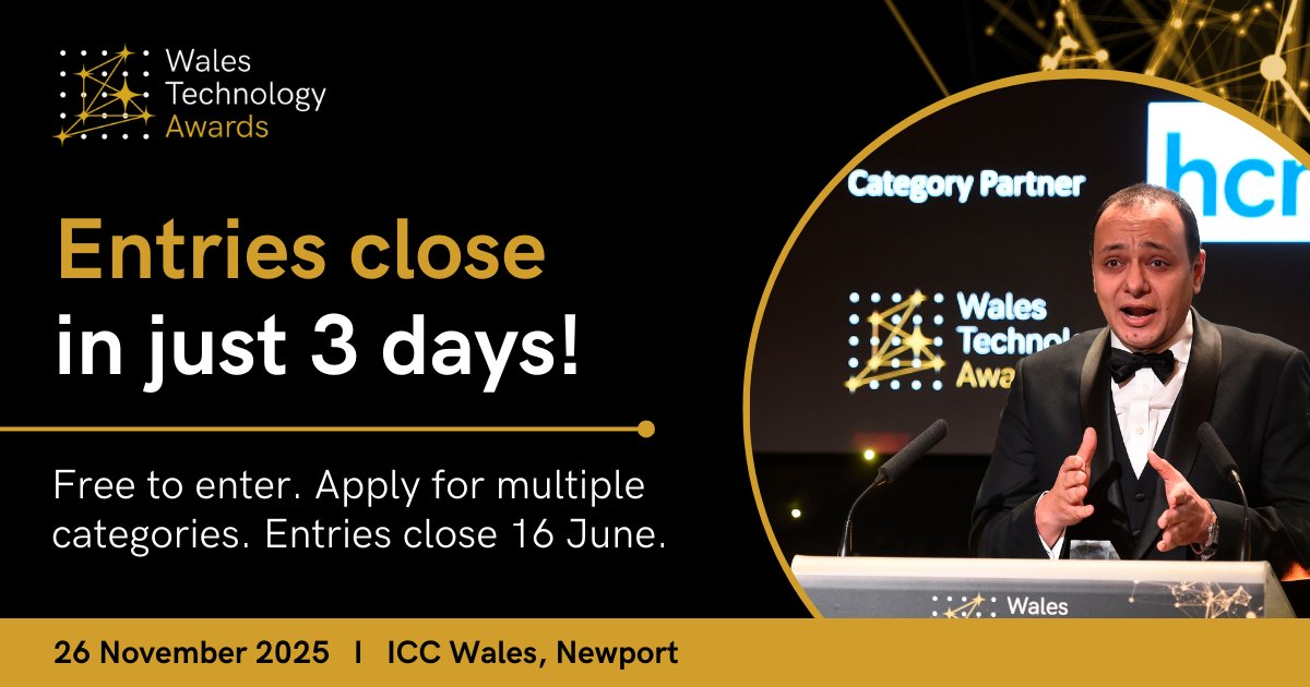 🕒 Just 3 days to go!

There's not long left to get your entry in for the #WalesTechnologyAwards 2025 - a night that celebrates the very best of Welsh talent, innovation, and impact.

👉 Enter now: loom.ly/_wkDRKc