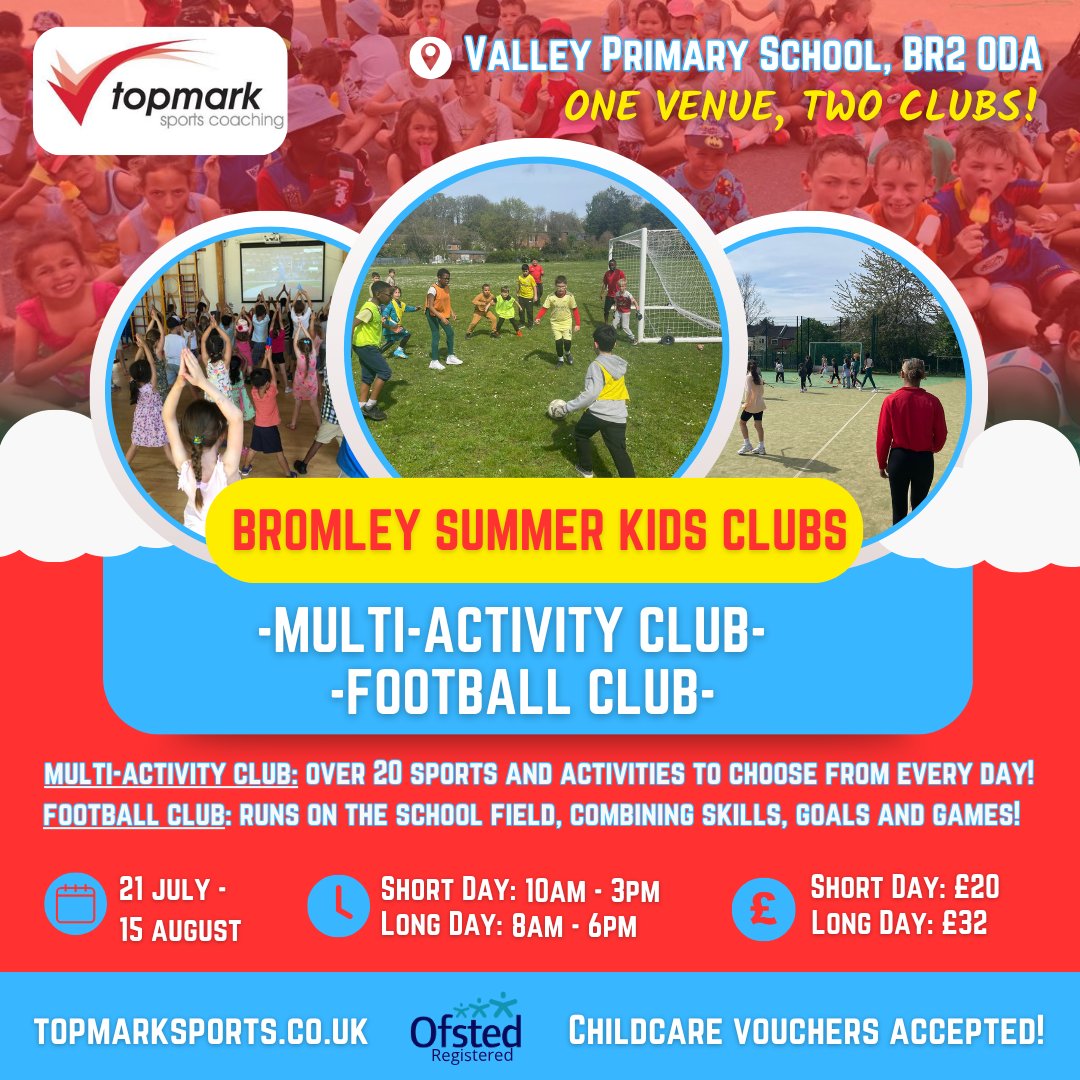 TopmarkSports's tweet image. ☀️ Summer Holiday Club in Bromley!
📍 Valley Primary School
🗓 21 July – 15 August
⚽ Multi-Activity &amp;amp; Football Clubs
💷 £20 (Short Day) | £32 (Long Day)

Fun, safe &amp;amp; active days for kids this summer! Limited spaces – book now! 🎉