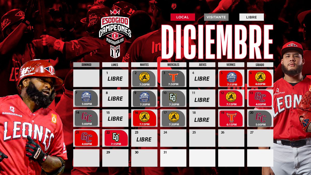 🗓️ ¡Ya está aquí! Conoce nuestro calendario oficial y prepárate para rugir con nosotros en cada juego. 🦁
#LeonesdelEscogido #CampeonesNacionalesydelCaribe