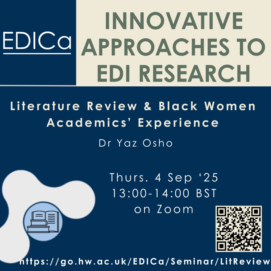 edi_caucus's tweet image. Following a summer break, we're back lunchtime on 4 September with a seminar on Literature Reviews, but with the case study of Black Women Academics' experience from Dr Yaz Osho & Dr Naomi Alormele's research. Read more + register here:
edicaucus.ac.uk/research-metho…