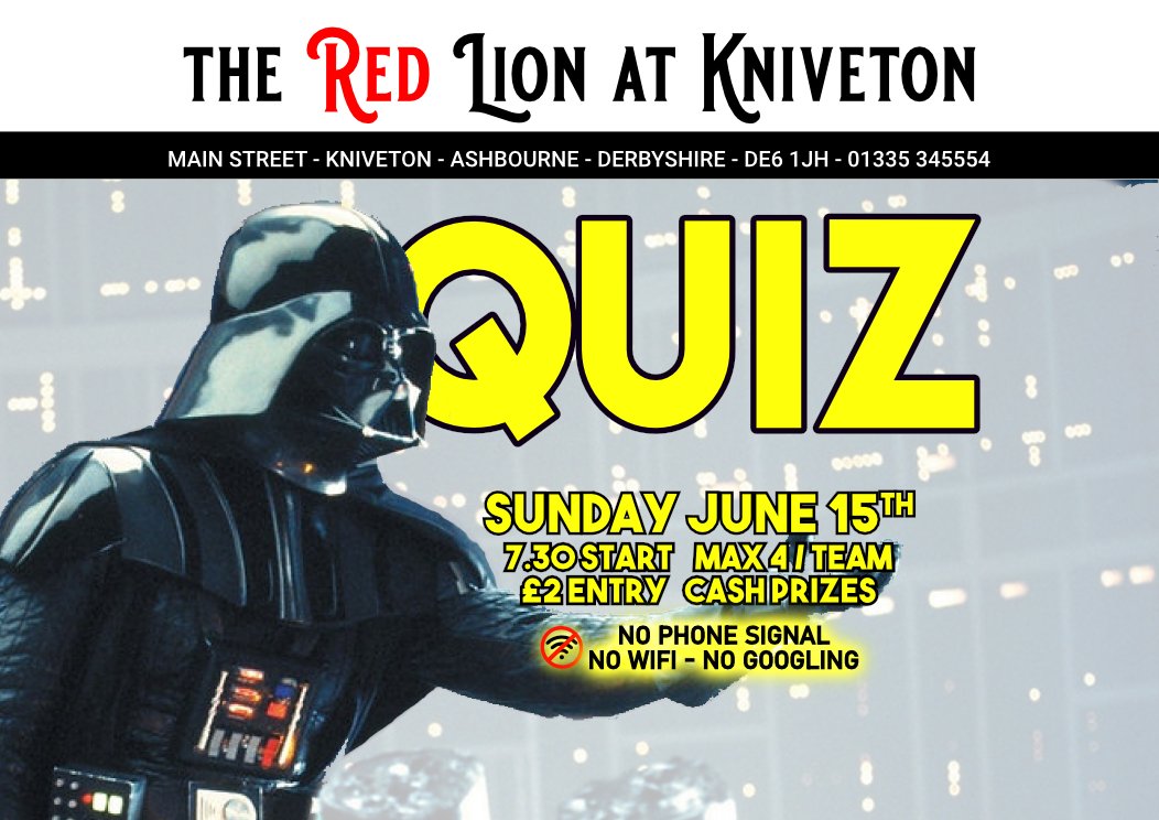Sunday night is the third of the month so it's #QuizNight!
7.30pm start. 4 per team max, £2 pp entry (bring cash)
Last month the jackpot was not won so rolls over...

#NoWifi #NoPhoneSignal  #NoCheating #CashPrizes #Kniveton #Derbyshire