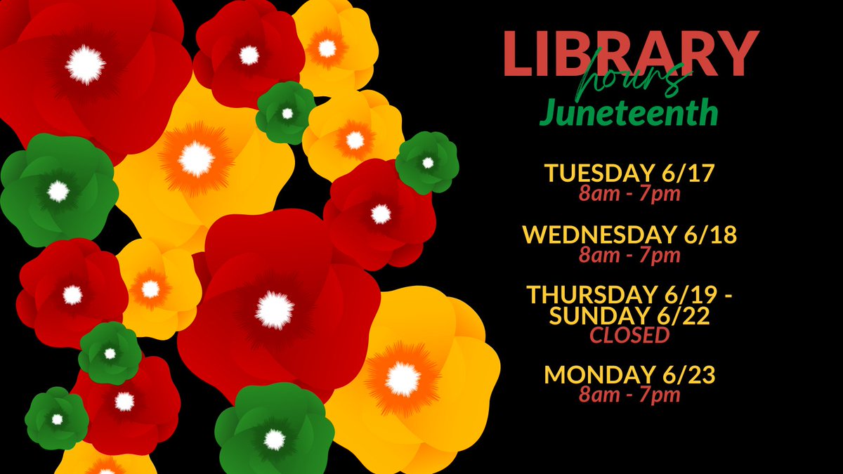 BentleyLibrary's tweet image. We have a short holiday week this week! Bentley Library will be closed Thursday, 6/19 through Sunday, 6/22 in observance of Juneteenth. Remember that even when the library is closed, our electronic resources are always available! Be sure to check our website for more information!