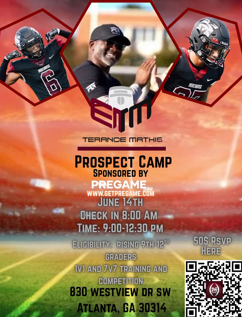 MorehouseFB's tweet image. 🚨 1 DAY AWAY 🚨

Time’s running OUT to lock in for the Terance Mathis Prospect Camp 🏈🔥

Rising 9th-12th graders — THIS is your shot to SHOW OUT in front of coaches &amp;amp; compete! 💪🏾

📅 June 14th | ⏰ 9AM - 12:30PM
📍 ATL | $50 RSVP — Scan &amp;amp; Secure 🎯

Let’s work. Let’s WIN. 🏆