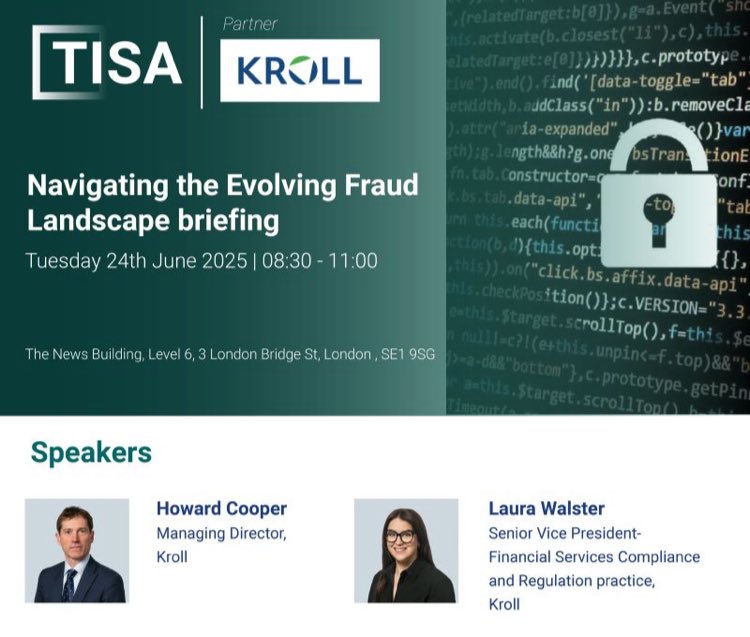 🔍 Navigating the Evolving Fraud Landscape
Tuesday 24 June | 08:30–11:00 | London
 Earn 2 CPD Hours

Join us for an insightful briefing event hosted by Kroll, where we delve into the latest emerging fraud trends and techniques.

🔗 Register now: tisa.uk.com/product/naviga…