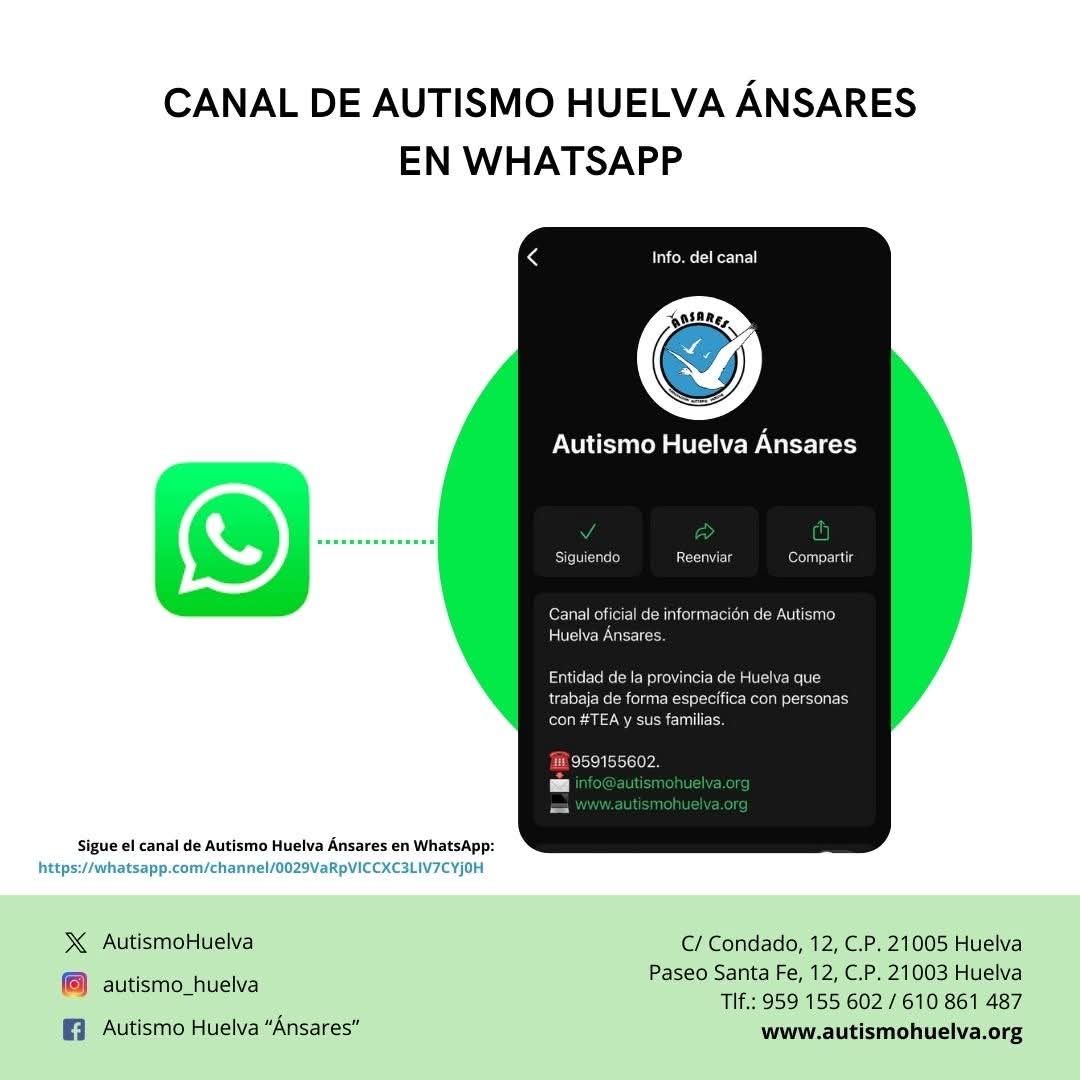🟢CANAL OFICIAL DE AUTISMO HUELVA ÁNSARES EN WHATSAPP🟢

💬 Únete ahora para mantenerte al día con las últimas noticias, eventos y actividades que nuestra entidad realiza.

👉Haz clic en el siguiente enlace para unirte a nuestro canal de WhatsApp:

whatsapp.com/channel/0029Va…