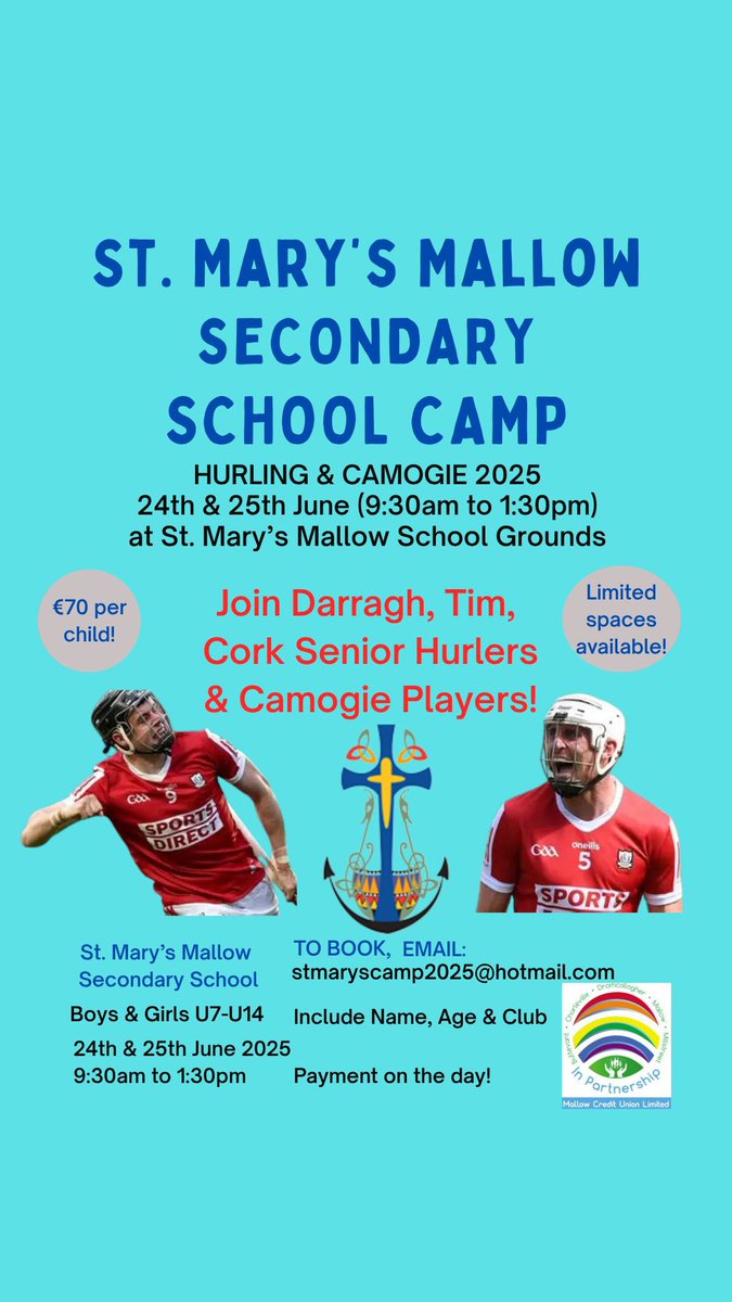 St. Mary's, Mallow (@stmarysmallow) on Twitter photo Hurling and Camogie Camp 2025 at St. Mary’s Secondary School Mallow. 24th and 25th of June 2025 9.30 am - 1.30 pm. Contact: stmaryscamp2025@hotmail.com
#hurling #camogie #Mallow Hurling and Camogie Camp 2025 at St. Mary’s Secondary School Mallow. 24th and 25th of June 2025 9.30 am - 1.30 pm. Contact: stmaryscamp2025@hotmail.com
#hurling #camogie #Mallow