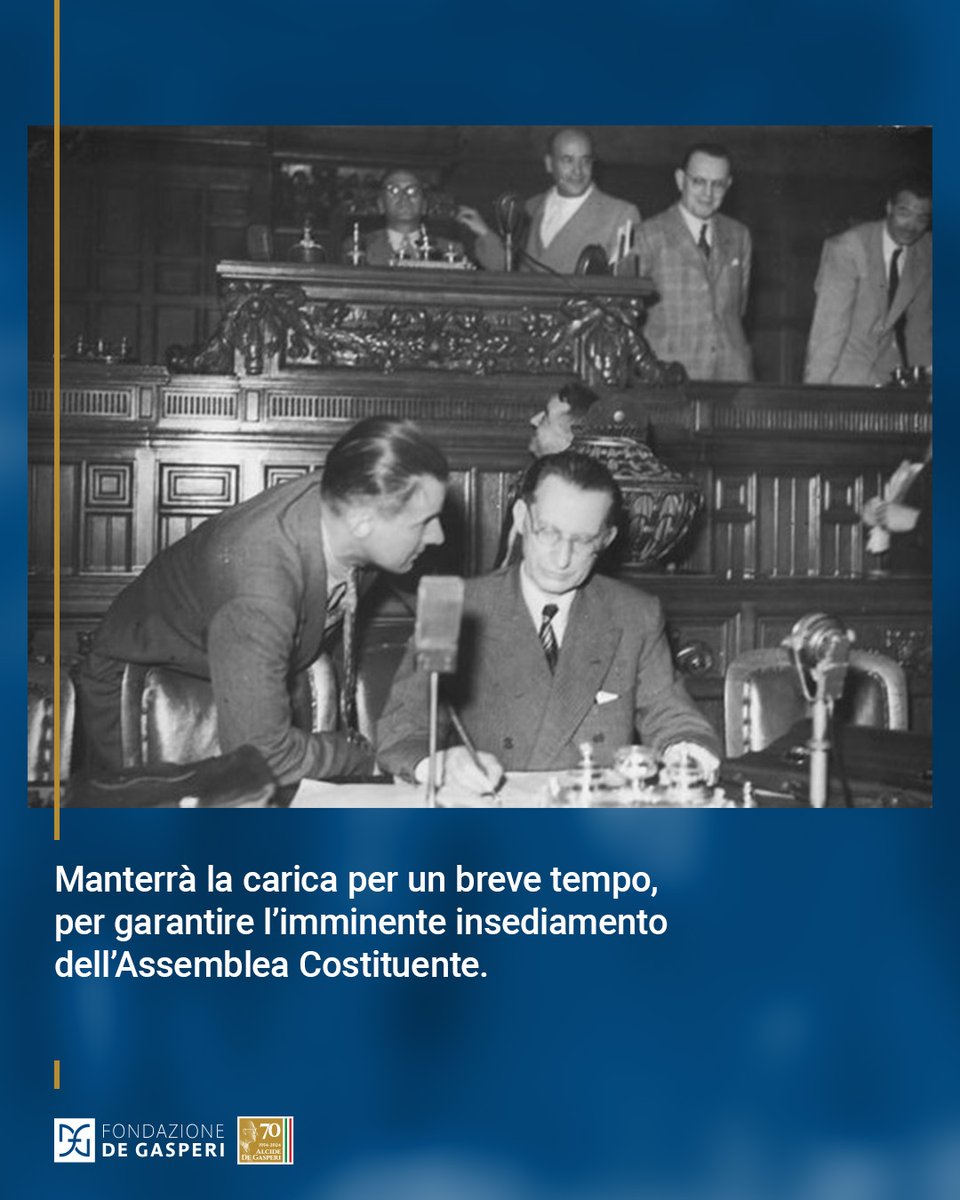 #13giugno 1946: dopo la proclamazione della #Repubblica, De Gasperi assunse l’incarico di Capo provvisorio dello Stato. Guidò con fermezza e responsabilità la transizione istituzionale interpretando con rigore i principi di servizio pubblico delle neonate istituzioni repubblicane