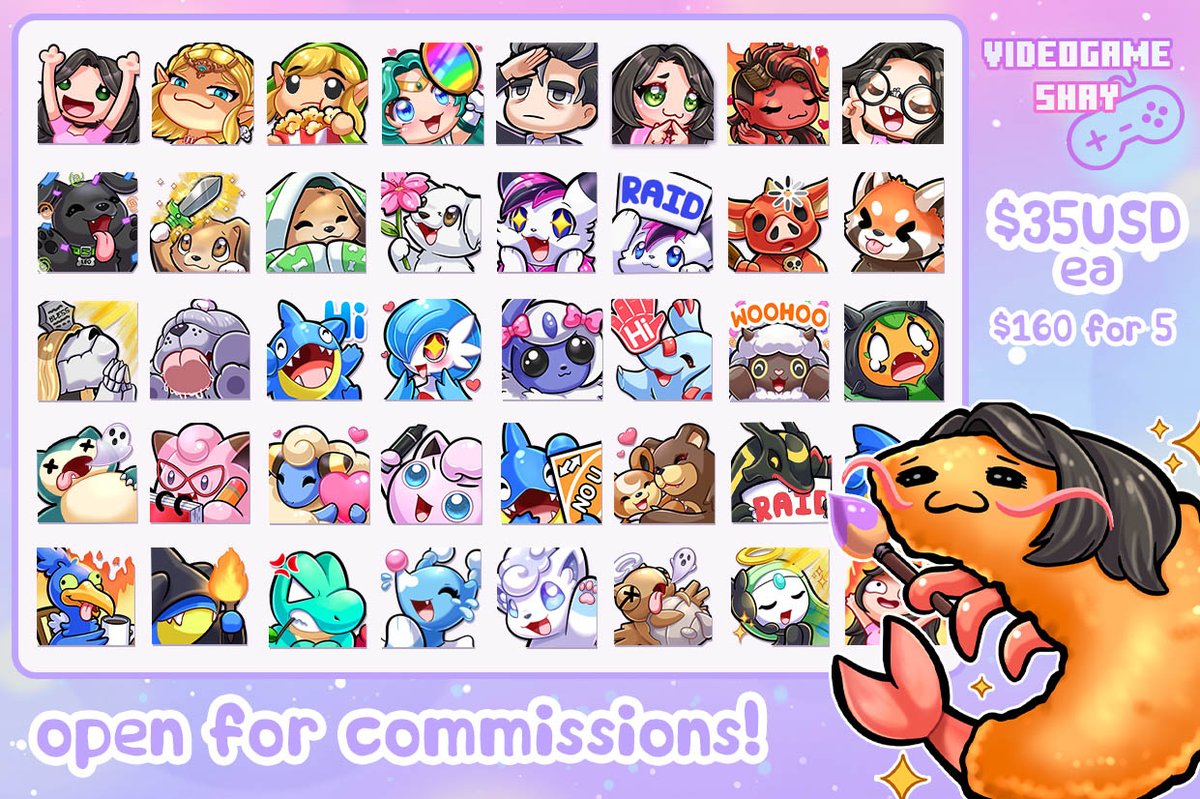 videogameshay's tweet image. ✨𝗖𝗢𝗠𝗠𝗜𝗦𝗦𝗜𝗢𝗡𝗦 𝗢𝗣𝗘𝗡 ✨
♡ Emotes + Animated Emotes, Badges, Panels, Overlays + Custom Illustrations
♡ Payment via PayPal
↓ DO NOT DM! Please fill a form out below ↓ videogameshay.com/commission-info I answer within 48 hours
♡ RT's appreciated