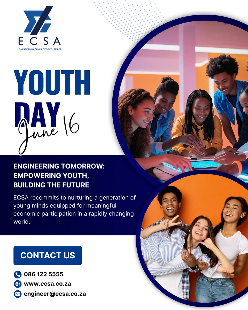 This #YouthDay2025, we’re proud to stand with SA’s youth — the engineering practitioners of tomorrow.
 🔧 Engineering Tomorrow
 ⚙️Empowering Youth
 🏗️ Building the Future
#ECSA #FutureEngineers #STEM #EngineeringTheFuture