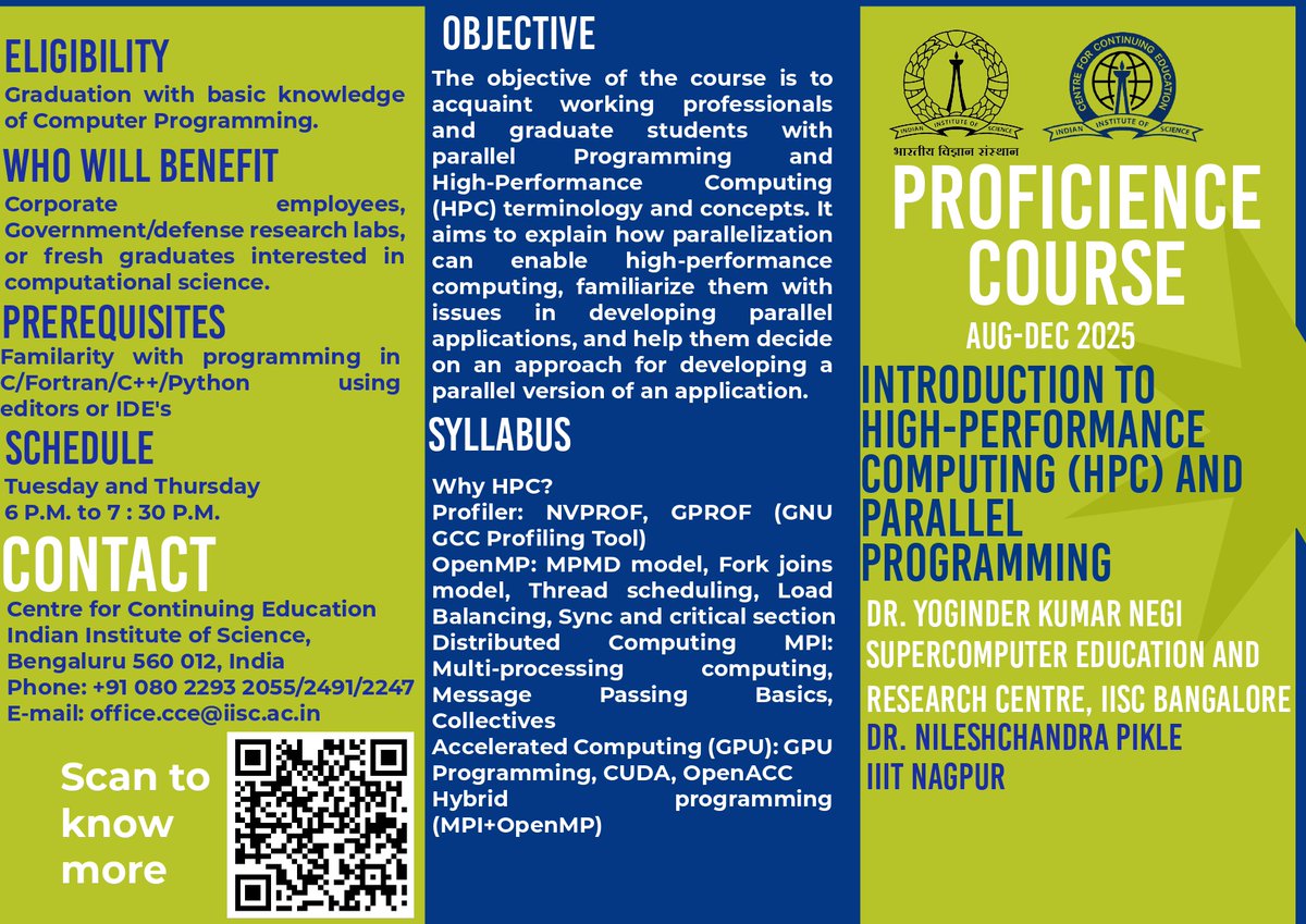 cce_iisc's tweet image. We are pleased to announce our upcoming Online Course: Introduction to High-Performance Computing (HPC) and Parallel Programming, designed for professionals, researchers, and aspiring computational scientists.
Know more: cce.iisc.ac.in/cce-proficienc…
#HighPerformanceComputing #HPC