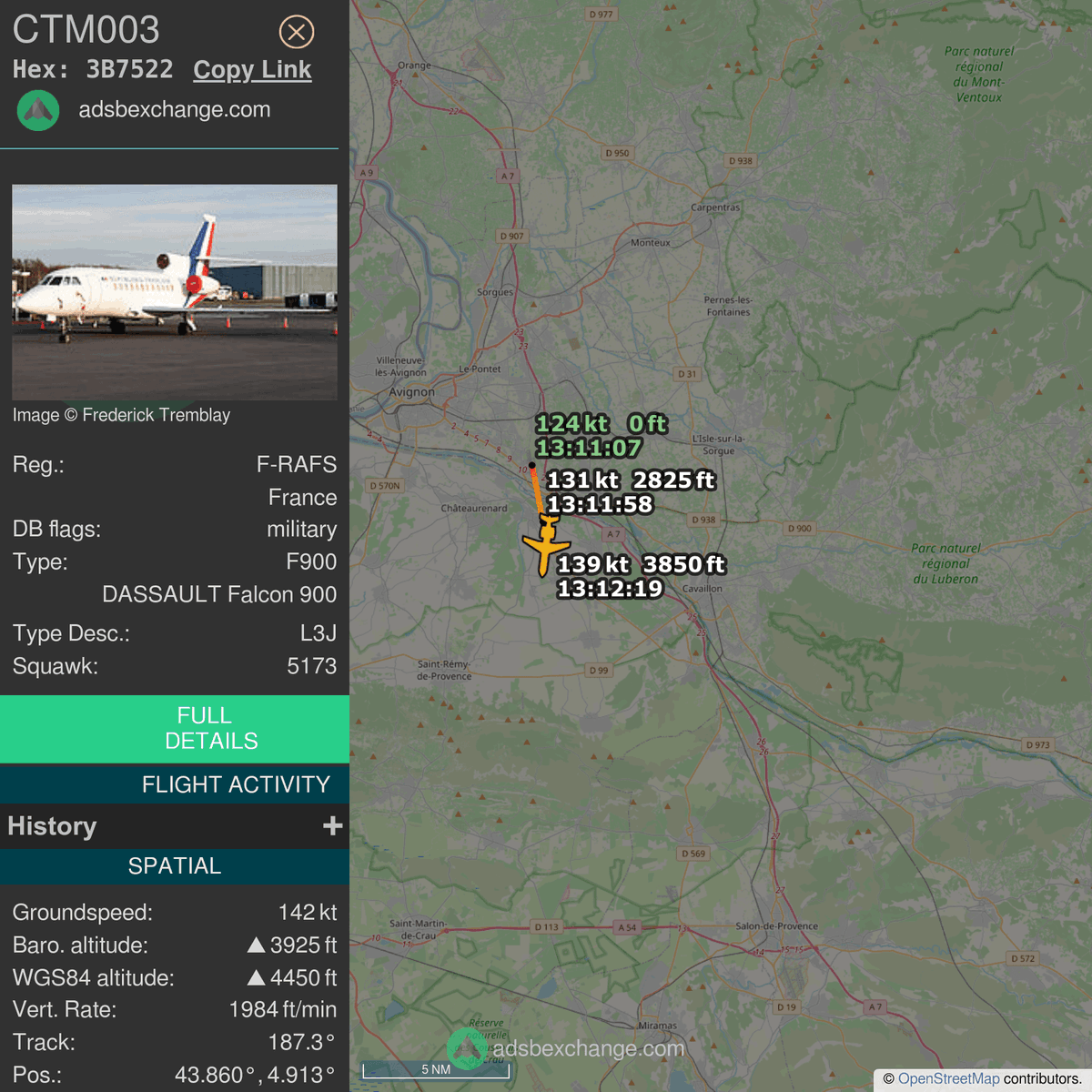 FlottePresident's tweet photo. 🛫 Un Dassault Falcon 900EX EASy 🇫🇷 République Française vient de décoller près de Avignon/Caumont, France.
Vol #CTM003, immatriculation #FRAFS.
Suivre le vol : https://t.co/1fnGz8CoES https://t.co/suZNGr3t52
