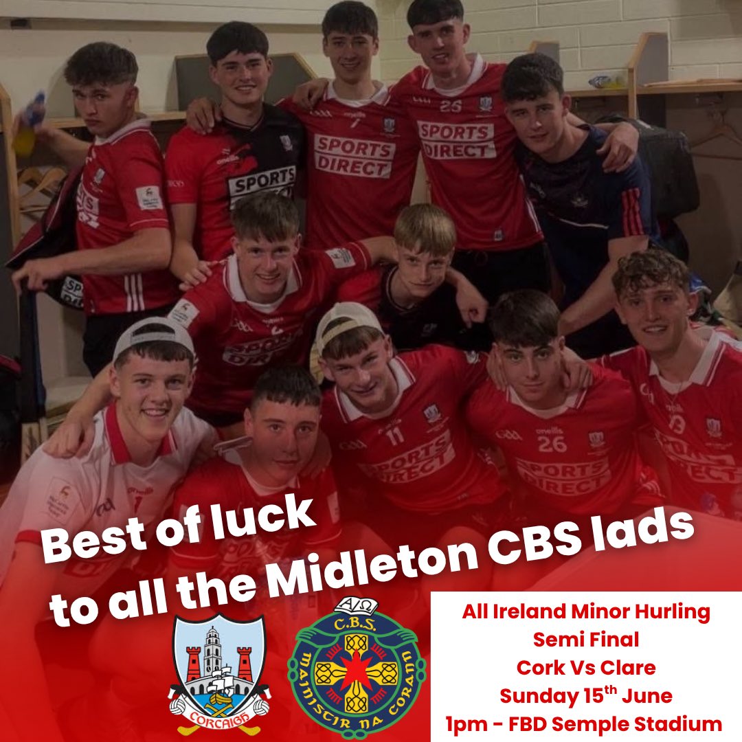 Best of luck to the Cork Minor Hurling team and all the Midleton CBS lads involved on Sunday in the All Ireland Minor Hurling Semi Final against Clare at 1pm in FBD Semple Stadium.

Up the Rebels! 🔴⚪️

<a href="/OfficialCorkGAA/">Cork GAA</a>