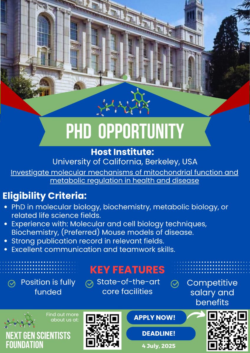 GenScientists's tweet image. 🧬 PhD Research Opportunity – @UCBerkeley, USA

Investigate molecular mechanisms of mitochondrial function and metabolic regulation in health and disease.

🔗 Apply Now: nst.berkeley.edu/users/sona-kang
📅 Deadline: 4th July, 2025

NGSF WhatsApp: 👉 lnkd.in/gFbYvDDK