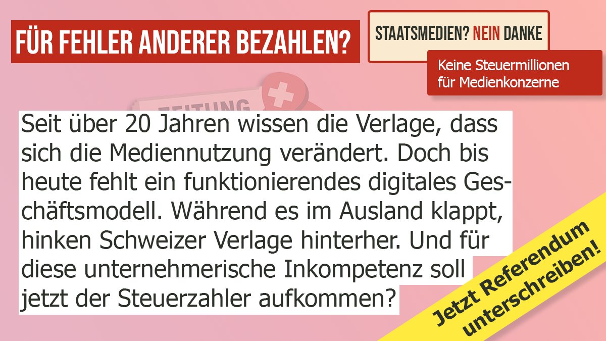 💥 Das Parlament will Milliarden an private Medien verteilen – gegen den Willen des Volkes.

2022 hat das Stimmvolk neue Mediensubventionen klar abgelehnt.
Doch das Parlament plant, die Subventionen massiv zu erhöhen – um 245 Millionen Franken.
Und das ist nur der Anfang: In den