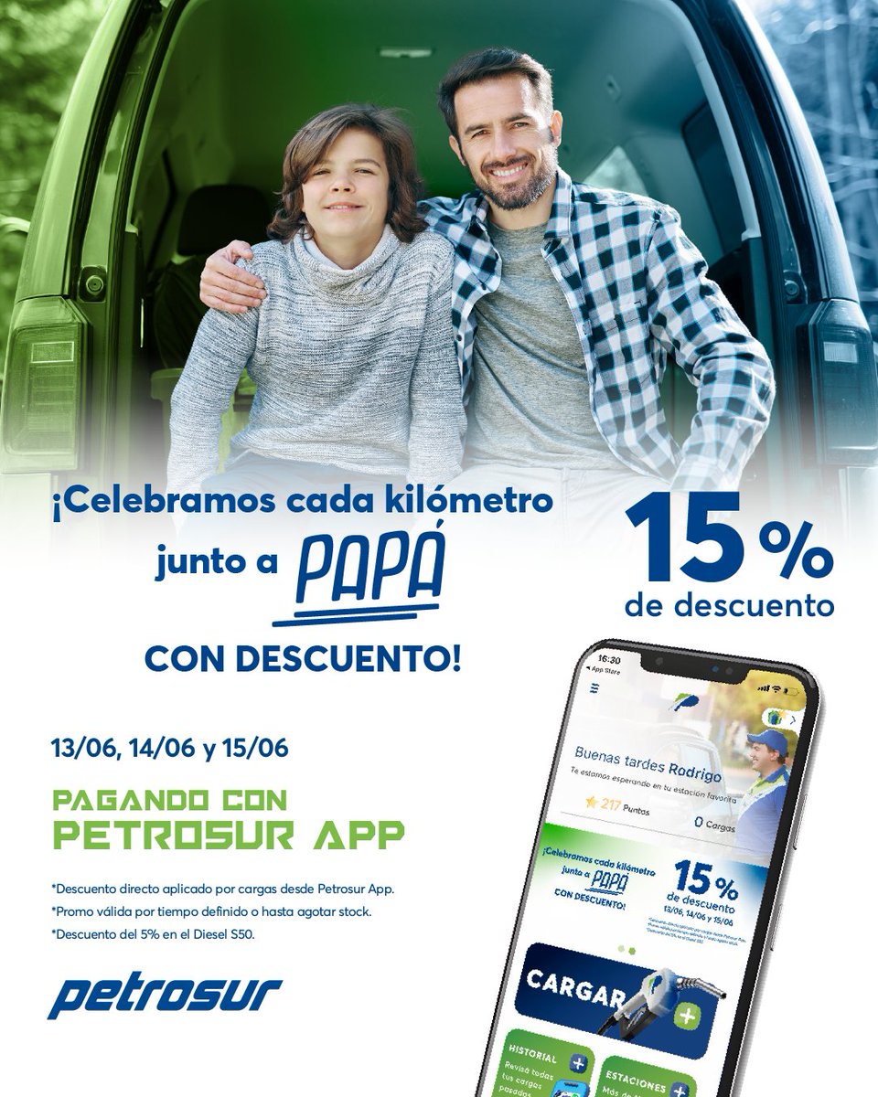¡Celebramos a papá con descuento!

Este Viernes 13, sábado 14 y domingo 15 de junio acercate a cualquiera de nuestras estaciones porque pagando tus cargas desde Petrosur App tenés hasta 15% de descuento.

¡Descargá Petrosur App y cargate de beneficios exclusivos!