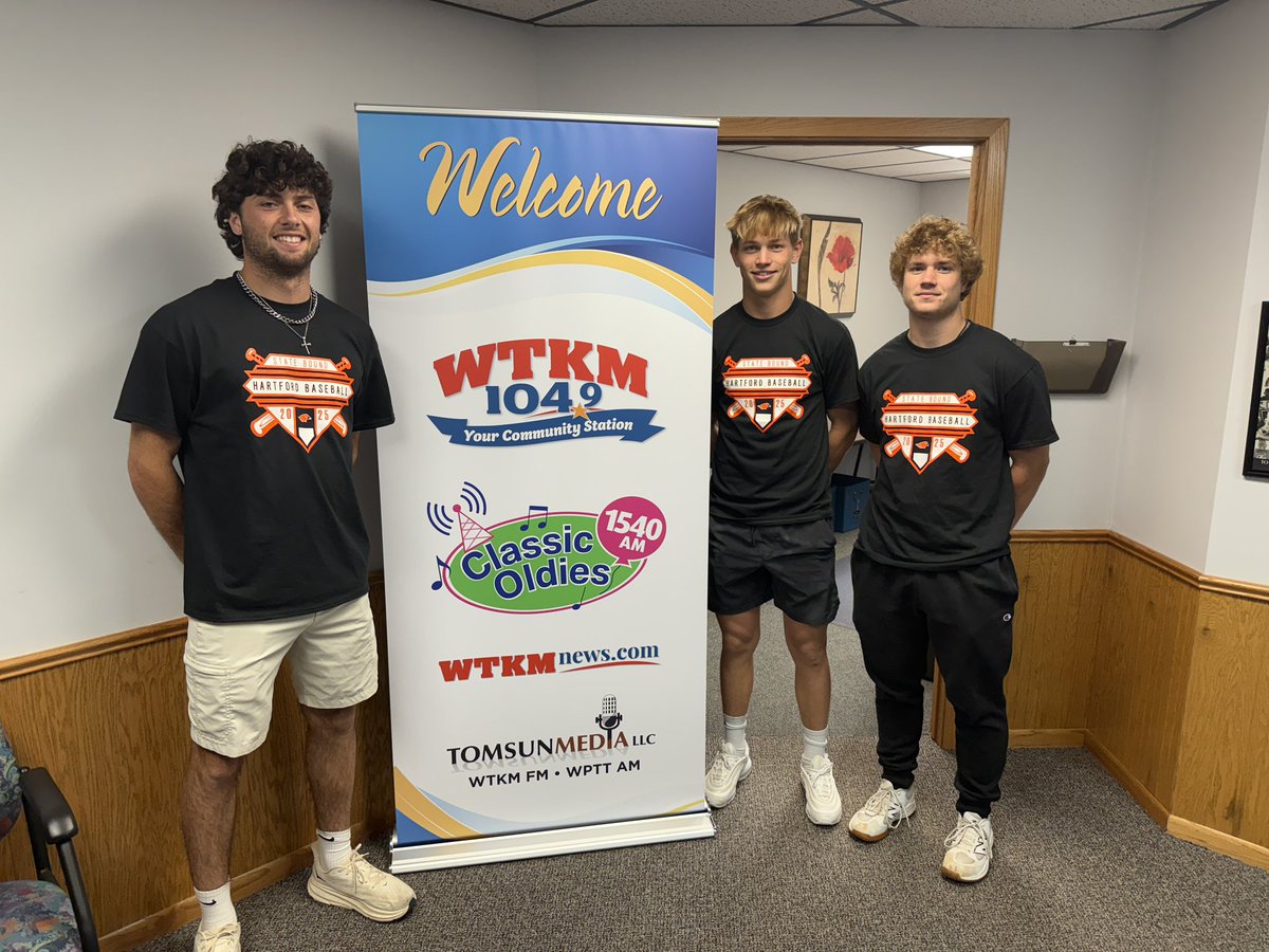 Listen in to <a href="/WTKM_Radio/">WTKM Radio</a> this morning at 8:30. <a href="/HUHS_Baseball/">Hartford Baseball</a> Players Jack Perkowski, Carter Kutz and Brady Helms will be live from studio discussing the 2025 Conference and Sectional Championship and qualifying for the WIAA state Tournament.