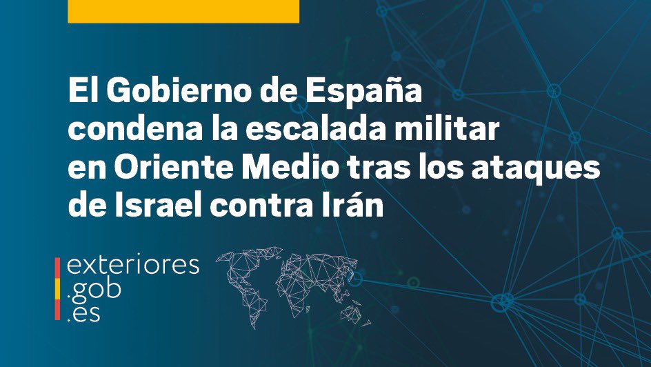 El Gobierno de España condena la escalada militar en Oriente Medio tras los ataques de Israel contra Irán, exige contención a las partes y el cese inmediato de la violencia. 

🔗 
exteriores.gob.es/es/Comunicacio…