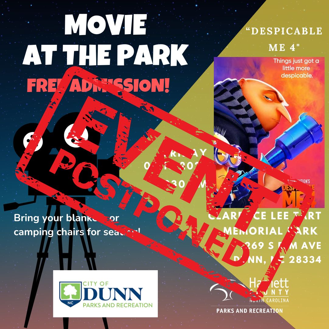 HarnettCoParks's tweet image. With the threat of incoming storms in the forecast for this afternoon and evening, we have made the difficult decision to reschedule tonight's Movie in the Park at Tart Park in Dunn. We are working to get a new date scheduled and will make that announcement shortly!