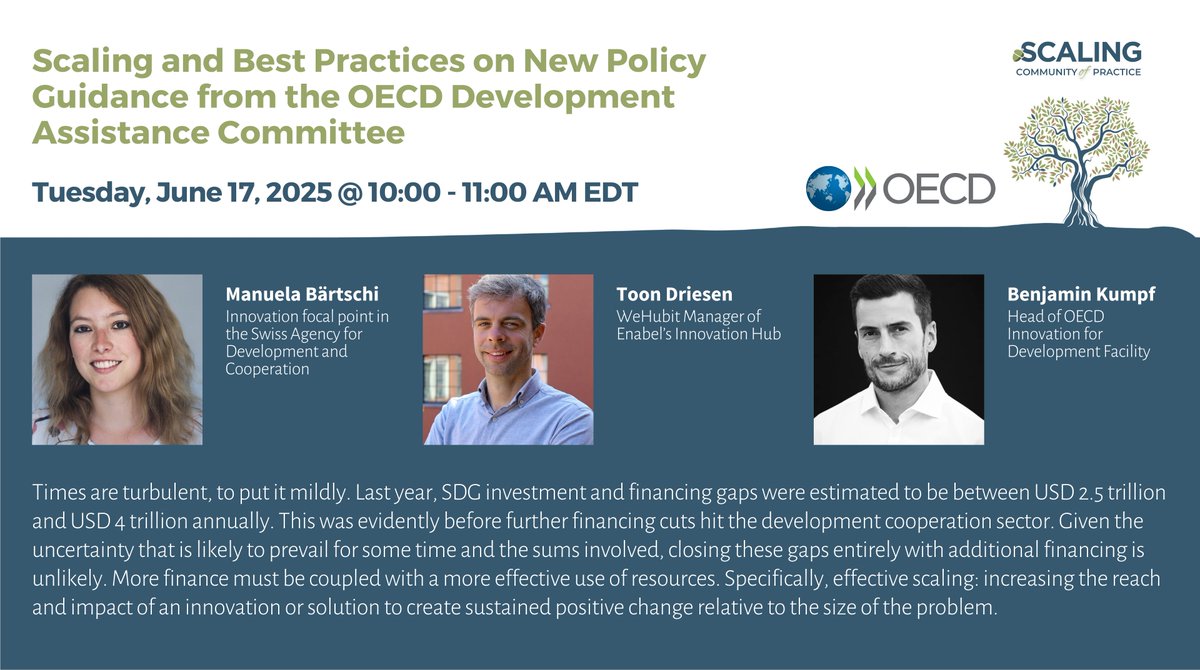 Scaling Community of Practice (@scalingcop) on Twitter photo Times are turbulent. SDG financing gaps are $2.5-$4 trillion annually. Join us & <a href="/OECD/">OECD ➡️ Better Policies for Better Lives</a> next week to explore scaling & resource use for positive change. 📈
June 17, 2025 @ 10:00 - 11:00 AM EDT
Register for free: buytickets.at/scalingcop/173…
#SustainableDevelopment #ScalingInnovation Times are turbulent. SDG financing gaps are $2.5-$4 trillion annually. Join us & <a href="/OECD/">OECD ➡️ Better Policies for Better Lives</a> next week to explore scaling & resource use for positive change. 📈
June 17, 2025 @ 10:00 - 11:00 AM EDT
Register for free: buytickets.at/scalingcop/173…
#SustainableDevelopment #ScalingInnovation