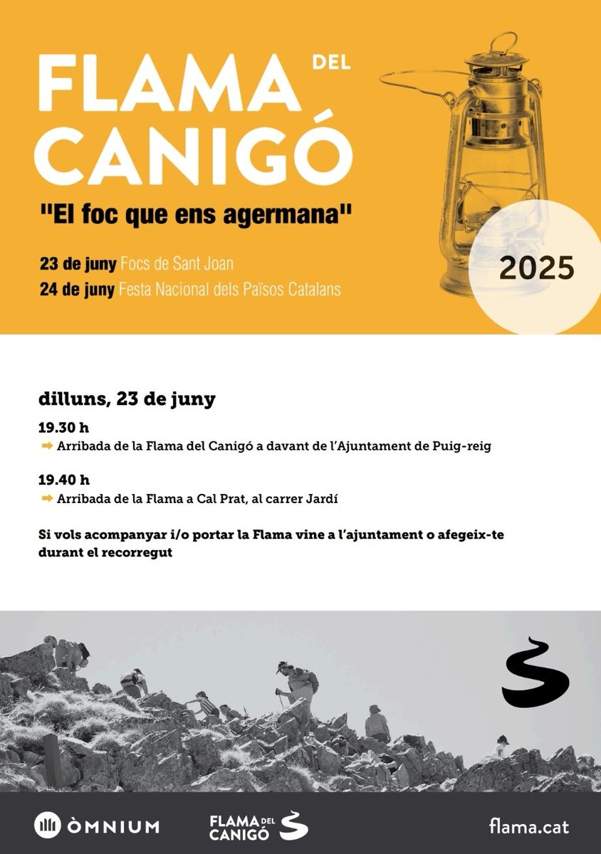 Associacioveins's tweet image. El dilluns 23 de juny vine a rebre la FLAMA DEL CANIGÓ a la Revetlla de Sant Joan de Cal Prat a les 19:40h al Carrer Jardí. 🔥🔥