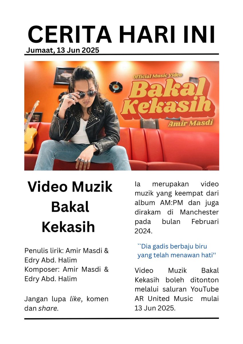 "Dia gadis berbaju biru yang telah menawan hati''

Video Muzik Bakal Kekasih boleh ditonton melalui saluran YouTube AR United Music mulai 13 Jun 2025.

youtu.be/1JLebGgypvQ?fe…

#AmirMasdi 
#LuarKotak #Calar #Nurcinta #LangitBiru #BakalKekasih #TakeMeHome