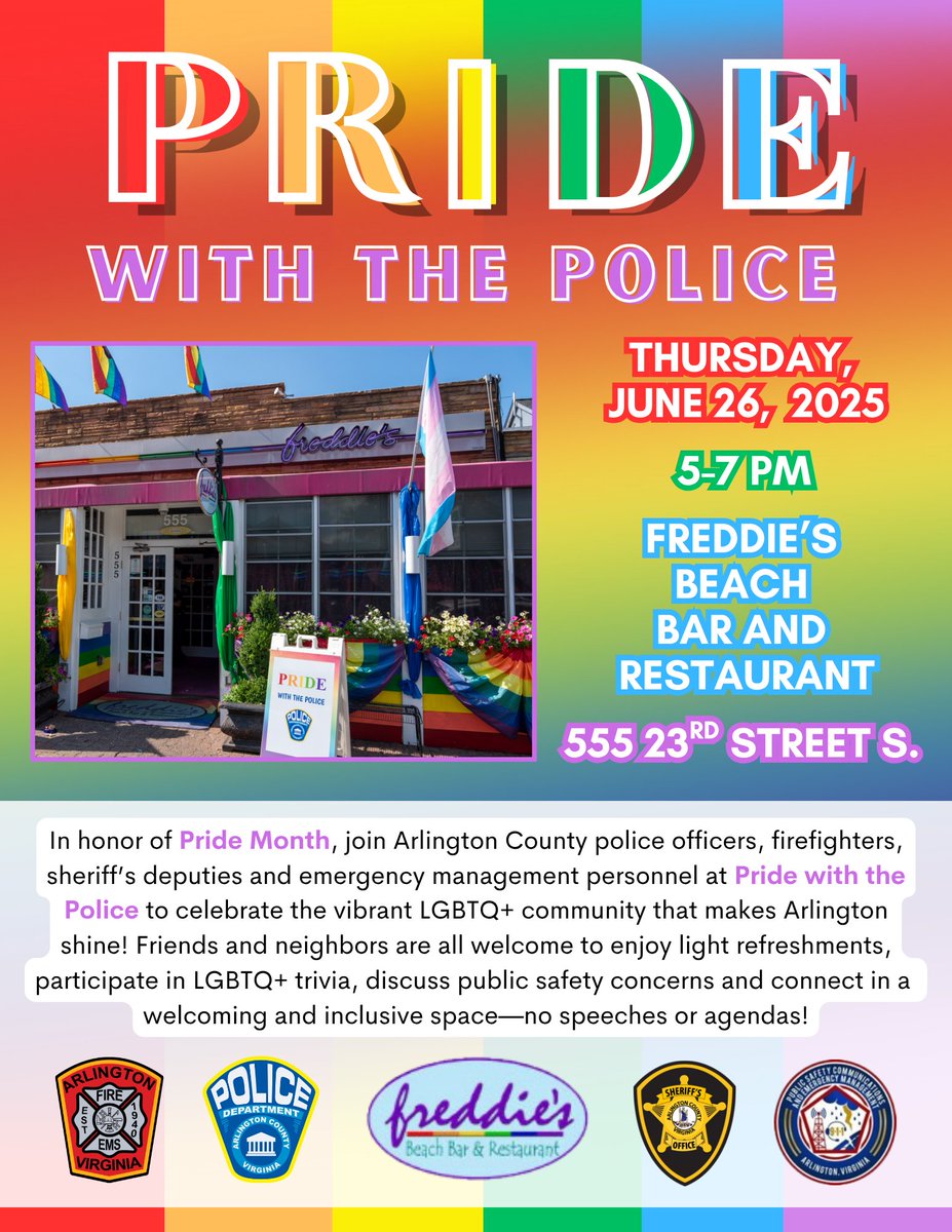 🌈Pride with the Police is less than 2 weeks away!🌈 

Celebrate Pride Month with Arlington County police officers, firefighters, sheriff’s deputies &amp; emergency management personnel at this informal opportunity to recognize the vibrant LGBTQ+ community that makes Arlington shine!