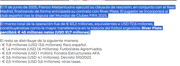 Si River Plate no emite su propio comunicado con las cifras en España nos comemos que Franco Mastantuono costó 45 millones. 

Son 20 kilos más que no se estaban mencionando

River comunica las cifras