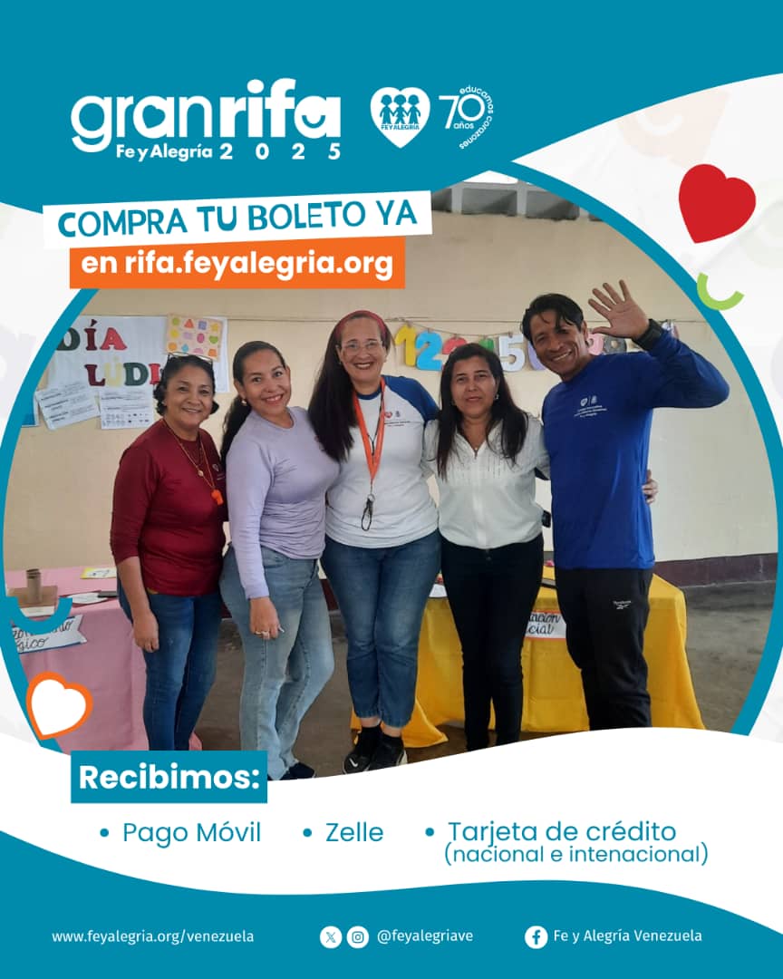 El sorteo de nuestra Gran Rifa será el 19 de junio. No pierdas la oportunidad de ganar uno de los 70 premios y de apoyar la educación en Venezuela. ¡Compra tu boleto en rifa.feyalegria.org y sé parte de esta campaña! #GanaVenezuela El sorteo es el 19 de junio.