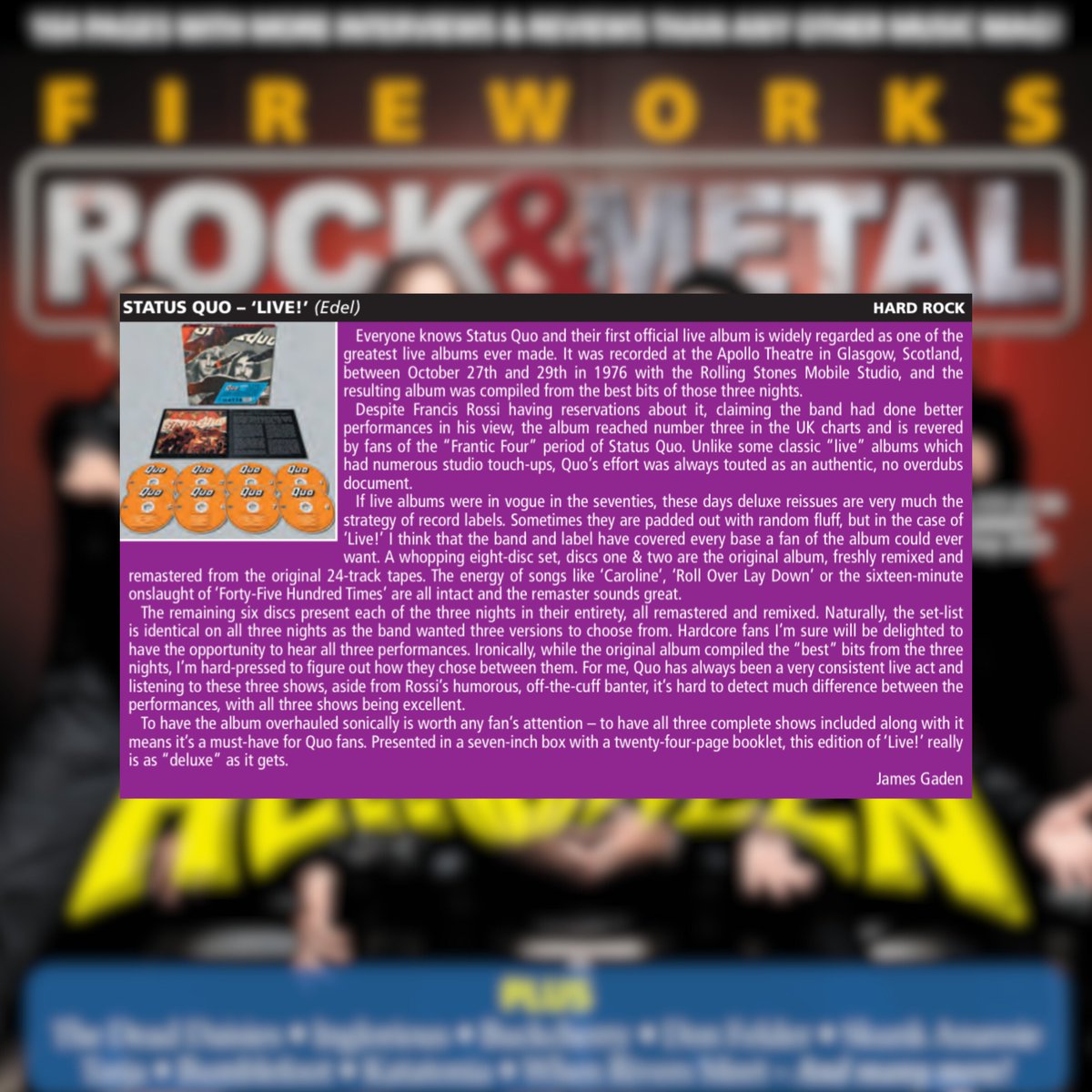 Status_Quo's tweet image. “To have the album overhauled sonically is worth any fan's attention.”
Quo Live! reviewed in Fireworks Magazine. If you haven’t picked up a copy, you can from statusq.lnk.to/live
@Fireworks_Mag : fireworks-magazine.com
#StatusQuo #Live #DemonMusicGroup