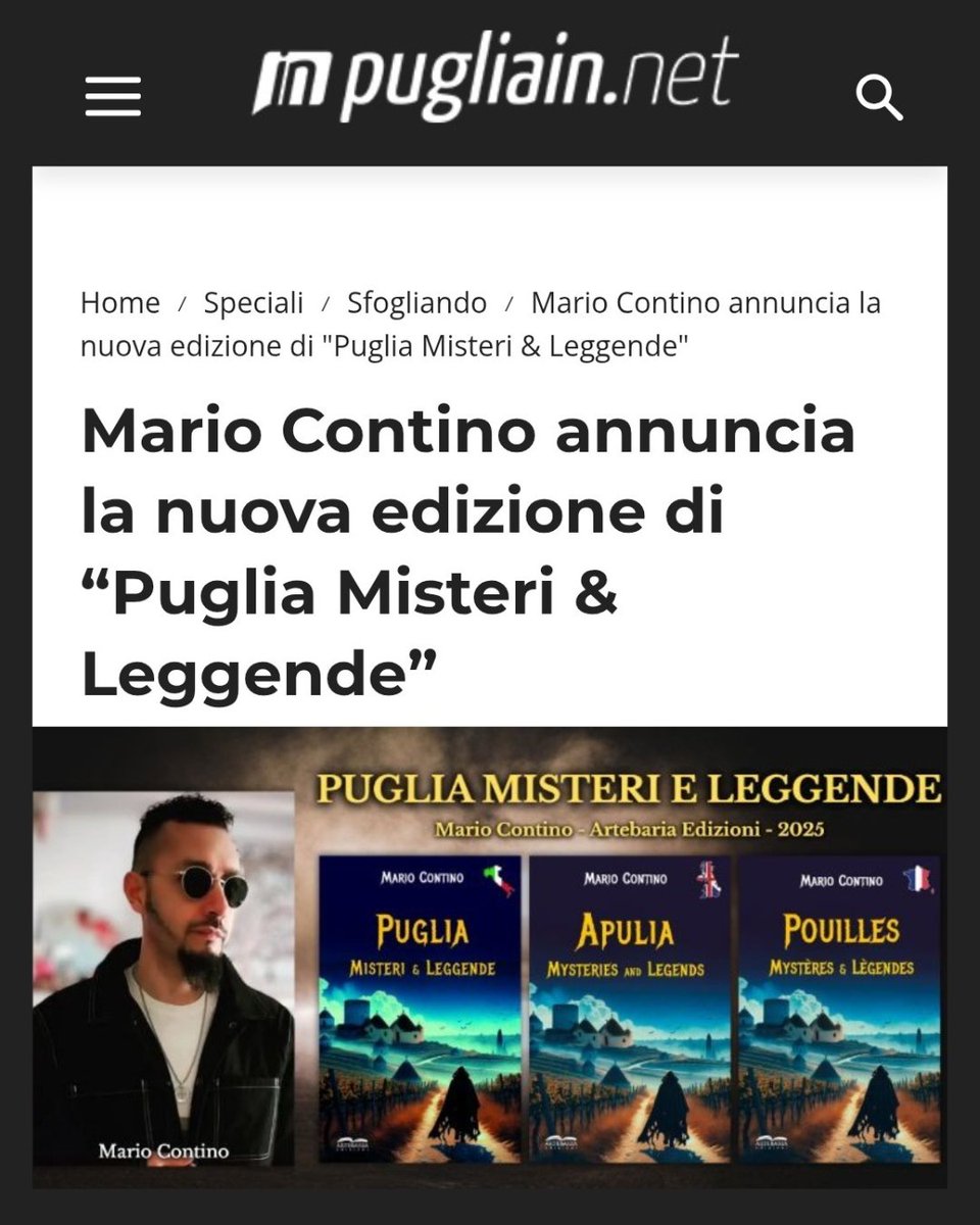 "PugliaIn.net." cita la nuova edizione del mio libro:
PUGLIA MISTERI E LEGGENDE
Mario Contino - Artebaria Edizioni (2025)

Link: pugliain.net/239962-mario-c…

Mario Contino
mariocontino.it 

#MarioContino #scrittura #scrivere #scrittore #newpost #ghost #puglia #kook