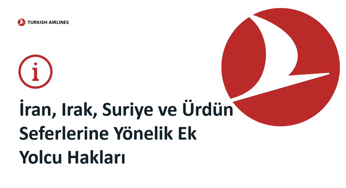 Değerli Yolcularımız,

İran, Irak, Suriye ve Ürdün uçuşu olan yolcularımıza ilave haklar tanınmıştır. 13 Haziran 2025 ve öncesinde düzenlenmiş biletler için 13 Haziran 2025 – 20 Haziran 2025 (dahil) arasındaki İran, Irak, Suriye ve Ürdün seferlerine kayıtlı tüm yolcularımızın, 20