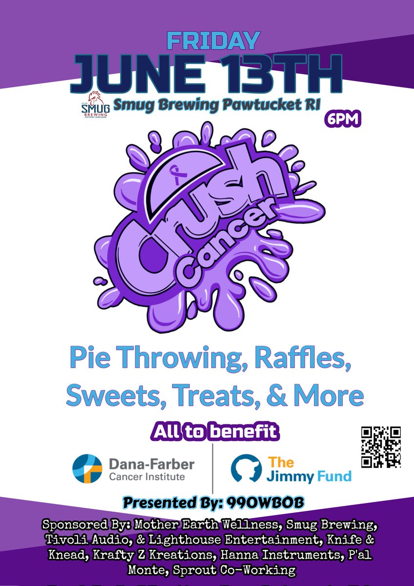 TONIGHTS THE NIGHT!!! From 6-10pm at <a href="/SmugBrewing/">Smug Brewing Co</a>, come on down to Crush Cancer. We'll have plenty of great prizes including donations from some of our great sponsors including <a href="/RhodeIslandFC/">Rhode Island FC</a> and <a href="/AHLBruins/">Providence Bruins</a>. There'll also be pie throwing at folks like myself and many others!